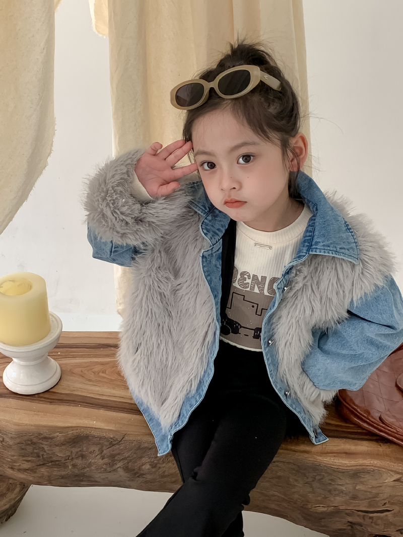 La torta per bambini supera lo stile hipster Cappotto ispessito in pelliccia di jeans patchwork in pelliccia di volpe imitazione per ragazza invernale per bambini_voghion.com