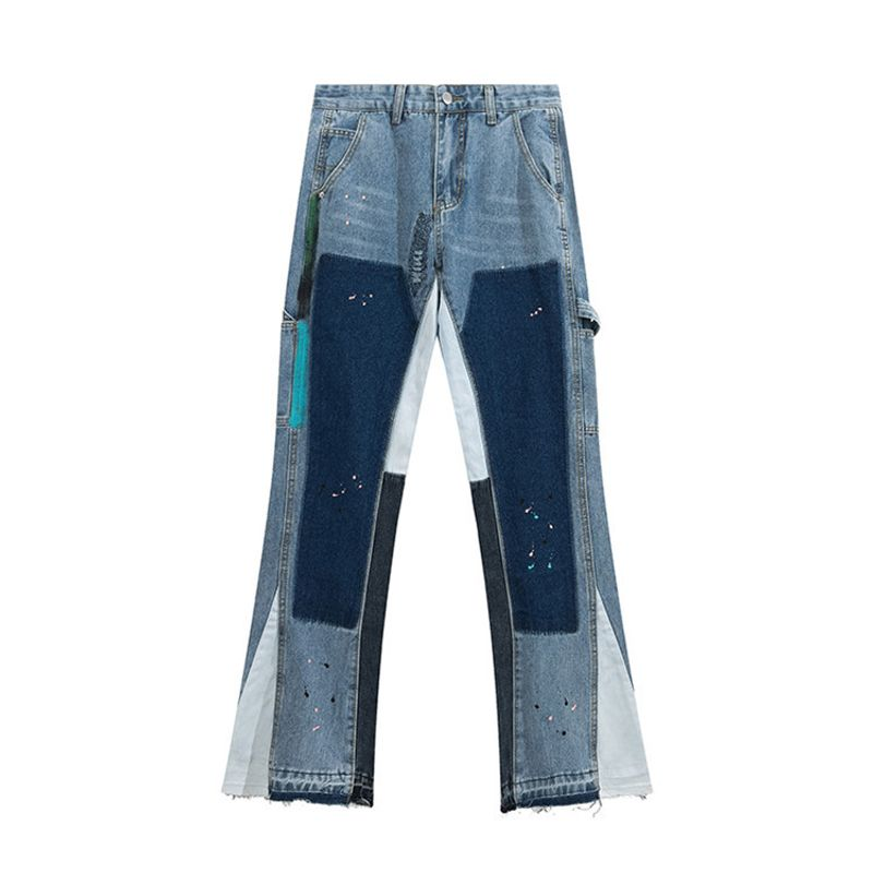 Herrenbekleidung Retro High Street Jeans Splashed Ink Graffiti Splicing Washed Micro Horns Unisex Trendy_voghion.com