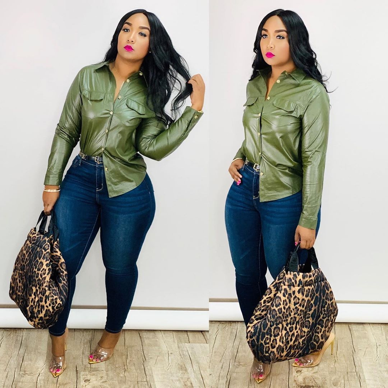 Maglietta a maniche lunghe in PU casual alla moda da donna_voghion.com