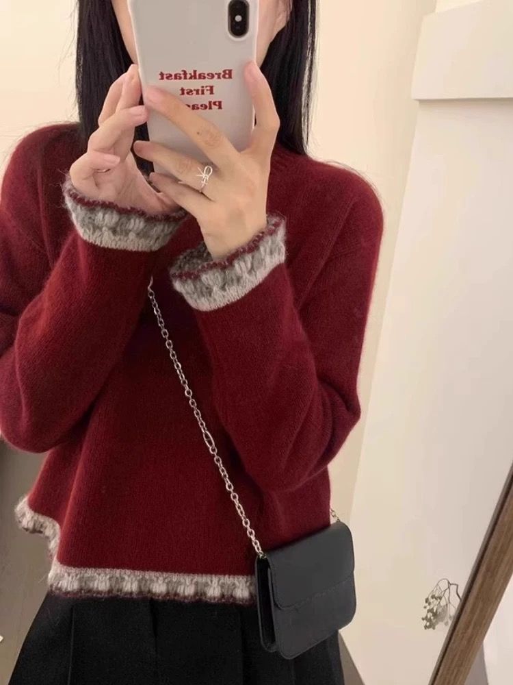 2025 Winter Lace 100% Merino Wool For Women High-End Short New Red Zodiac Year Base Sweater_voghion.com