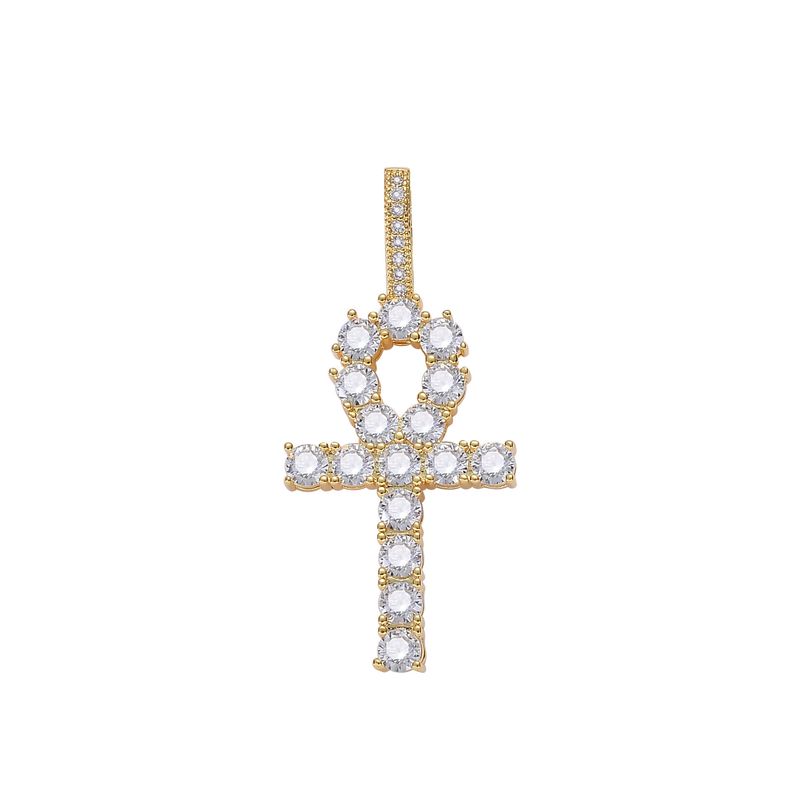 Collana da uomo con ciondolo a forma di croce egizia Ankh con micro pavé di zirconi e catena cubana da 4 mm in stile hip-hop_voghion.com