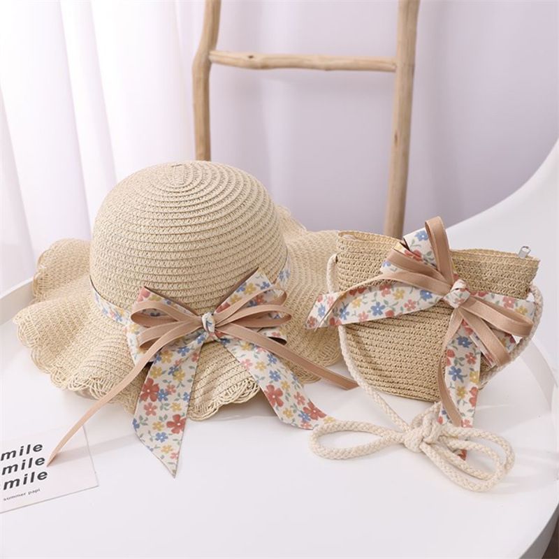 Cappelli di paglia da pescatore pieghevoli da spiaggia per bambini, protezione solare estiva da donna e set di borse_voghion.com