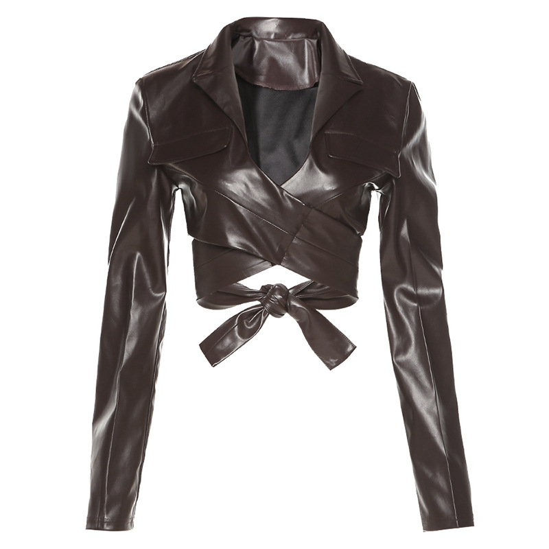 Showmirrror revers top met lange mouwen effen bont ruches pu leren jas winter damesmode kunstleer streetwear pluche_voghion.com