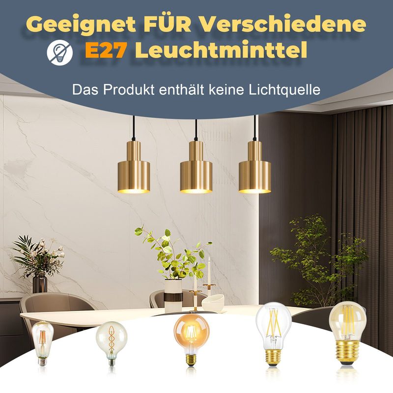 Glitzerlife Pendelleuchte Esstisch Hängelampe 3 Flammig Vintage - E27 Pendellampe Esszimmerlampe Gold Modernes Design Metall Esstischlampe Für Schlafzimmer Küche_voghion.com