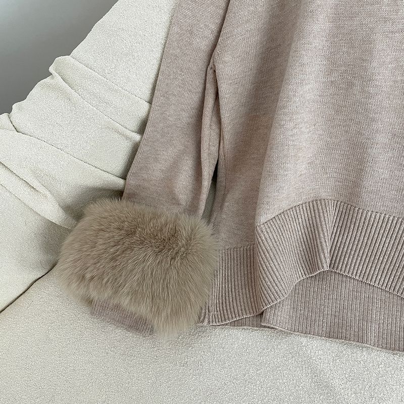 Damenbekleidung Heißer Verkauf Damen Herbst und Winter neuer verdickter hochgeschlossener lockerer Strickpullover mit abnehmbaren Manschetten aus echtem Fuchs_voghion.com