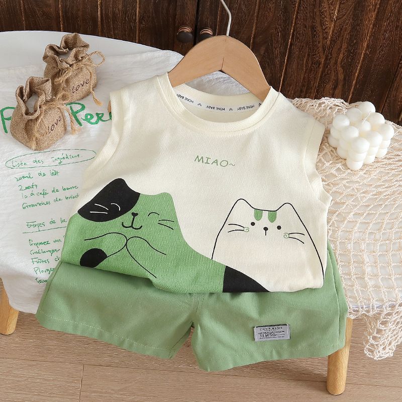 Ensemble gilet pour garçons, vêtements d'été élégants sans manches pour petits enfants, motif chat bicolore, nouvelle mode bébé mignon 2024_voghion.com
