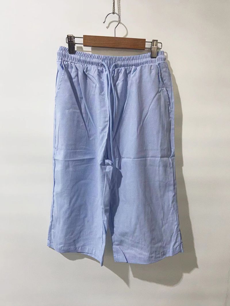 Women's cotton and linen pocket elastic casual pants women's pants quarter pants_voghion.com