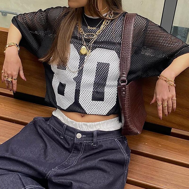 Camiseta de manga corta de malla hueca con estampado digital de estilo callejero americano para mujer, holgada, informal y versátil_voghion.com