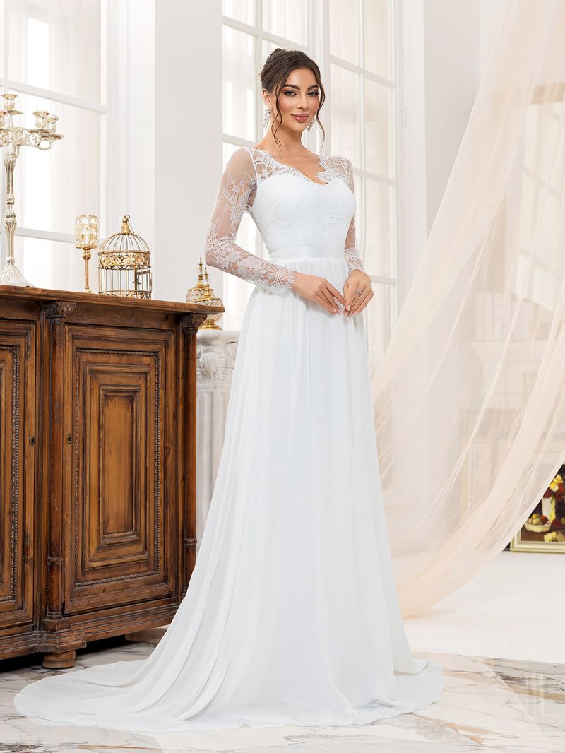 Elegantes Spitzen-Brautkleid, langes Abendkleid mit V-Ausschnitt für Bräute und formelle Anlässe_voghion.com