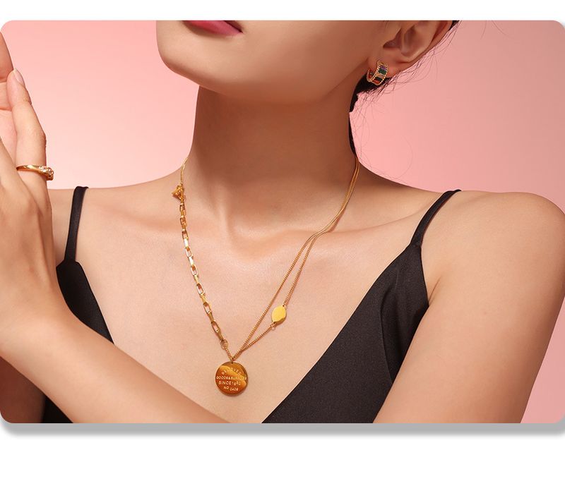 Retro Oval Letter Pendant OT Buckle Necklace With Cool Style Splicing Double-layer Titanium Steel Color Preservation Collarbone Chain_voghion.com