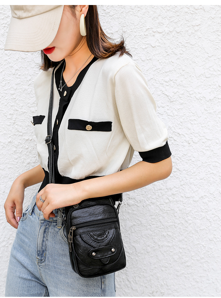 Elegante borsa a tracolla da donna - Piccola borsa a tracolla in morbida pelle PU con dettagli intrecciati e borchie, tasca per telefono e multiscomparto (marrone/nero)_voghion.com