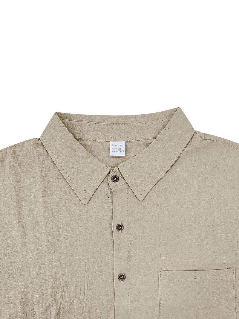 Camicia da spiaggia casual traspirante a maniche corte con colletto rovesciato, tinta unita, da uomo, estiva, in lino_voghion.com