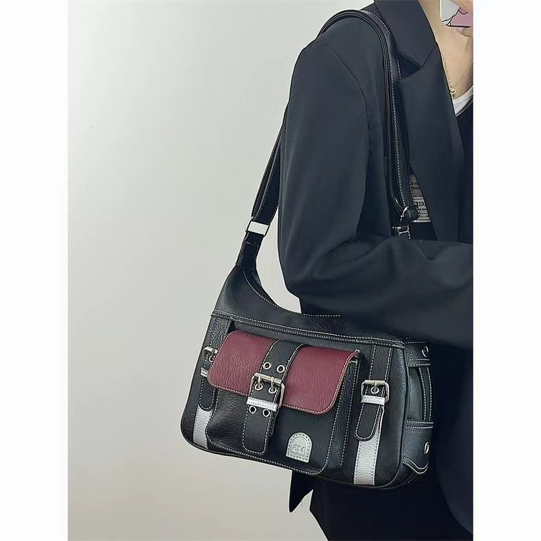 Borsa a tracolla testurizzata in stile ragazza alla moda per donna 2024, nuova borsa tote vintage da motocicletta di grande capacità_voghion.com