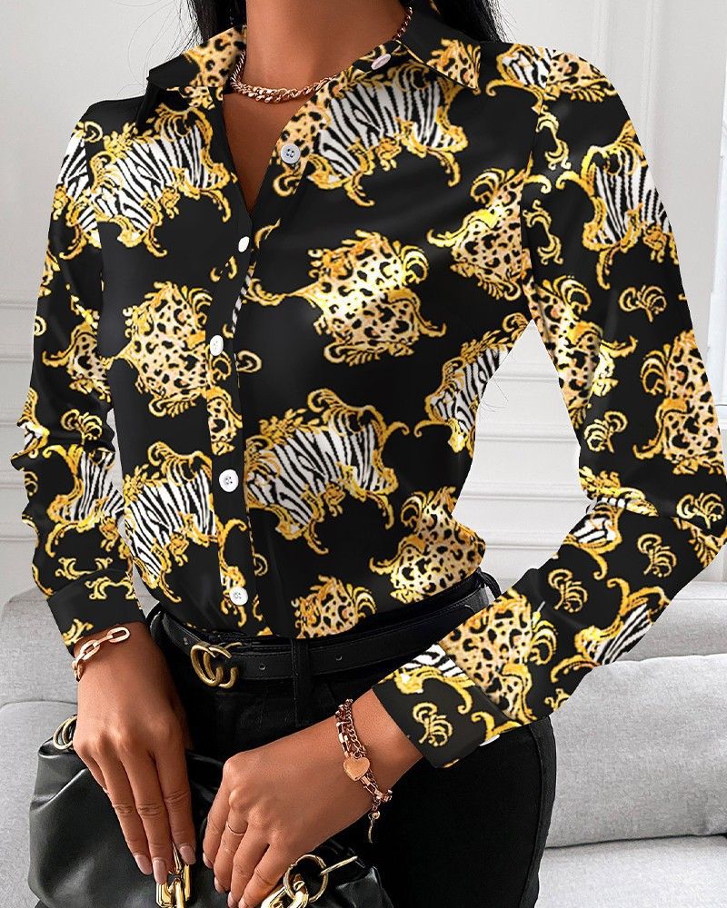 Abito da donna autunno sciolto a maniche lunghe con scollo a V camicia stampata con bottoni_voghion.com