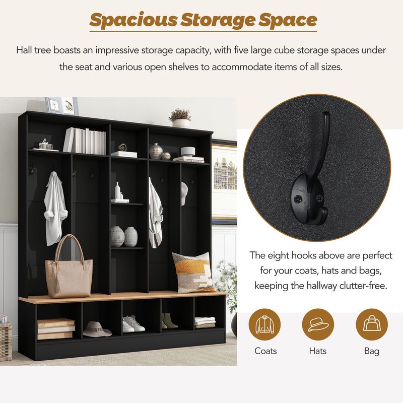 ON-TREND Wide Design Hall Tree With Storage Bench, Minimalist Shoe Cabinet With Cube Storage & Shelves, Multifunctional Coat Rack With 8 Hooks For Entryways, Mudroom, Black (OLD SKU: SD000021AAB)_voghion.com