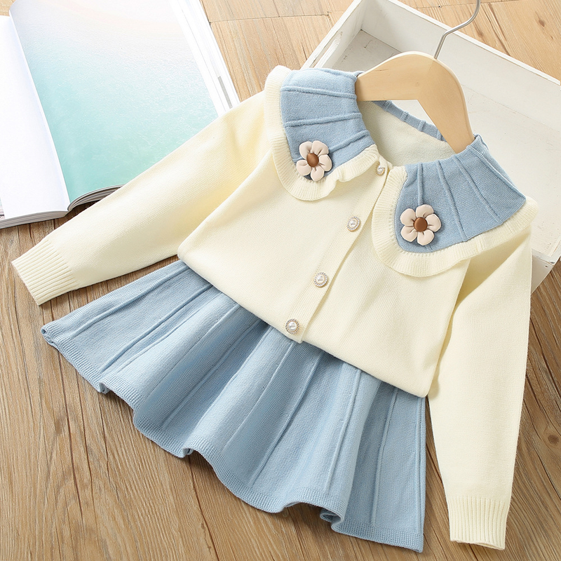 Kinder Pullover 2022 Herbst/Winter Neue Süße und Westlichen Stil Große Kragen 3D Blume Zwei Stück Set_voghion.com