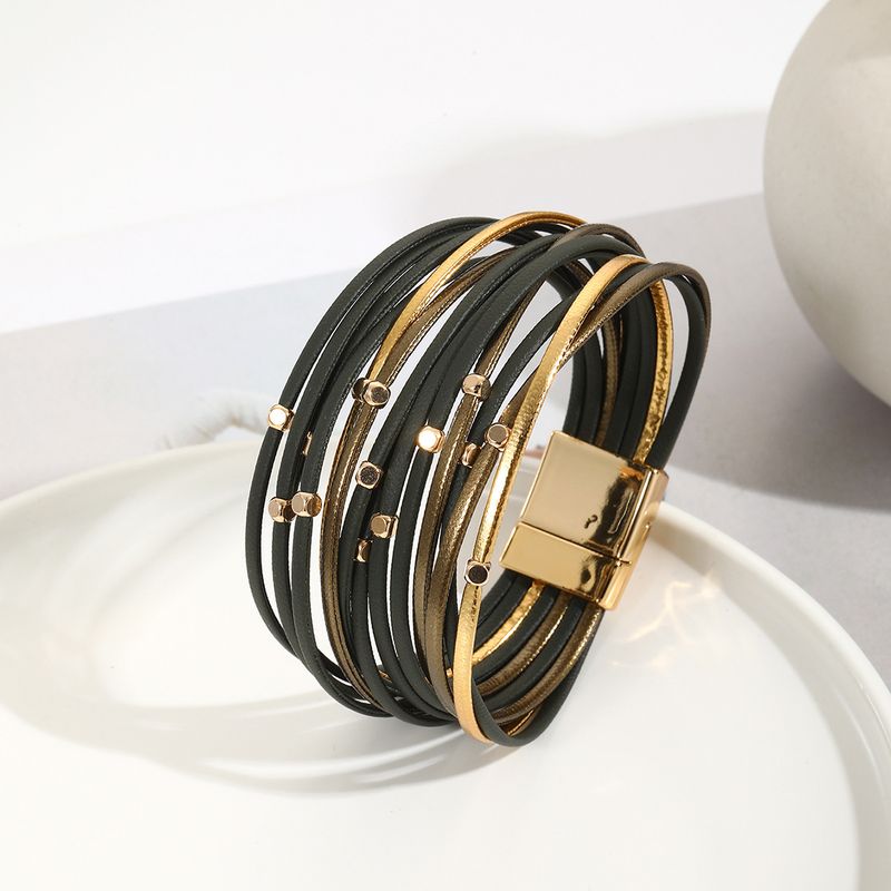 Metal Bead Wristband PU Leather Multi-layer Magnetic Clasp Bracelet For Women_voghion.com
