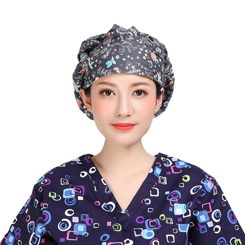 Pure Cotton Hat Female Doctor Dental Oral Nurse Hat Long Hair Wrapped Headscarf Printed Puff Hat Female Oil Fume Kitchen_voghion.com