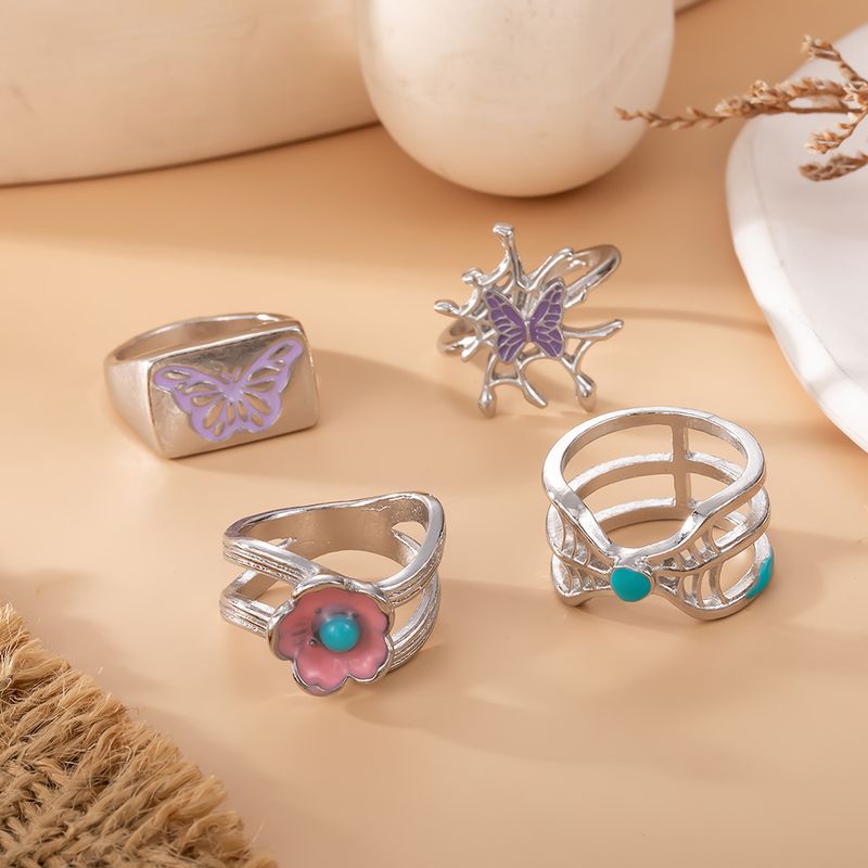 Nuovo set di anelli con ragnatela, fiore, farfalla e cavo, 4 pezzi_voghion.com