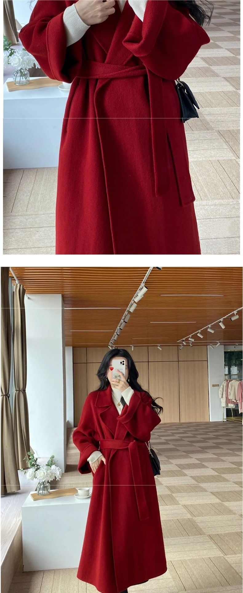 Elegant Red Wool Coat For Women - Winter Long Loose Fit Tweed Overcoat With Faux Fur Collar, Stylish And Warm Outerwear_voghion.com