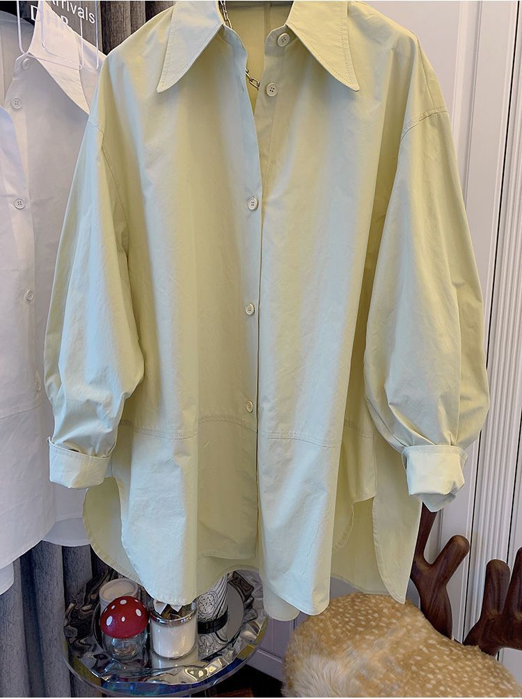 Camicia oversize a maniche lunghe da donna - Blusa ampia con colletto a punta e maniche a sbuffo (bianco/verde/nero, primavera)_voghion.com