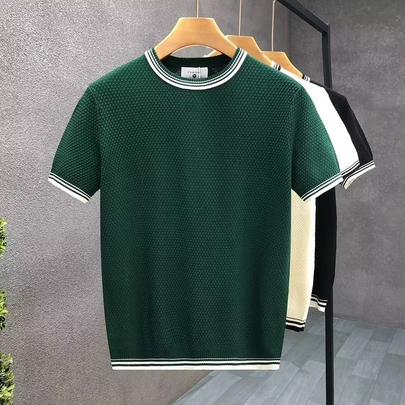 Colorblock gestreepte trui met korte mouwen voor heren, zomerse ijszijde, Britse business slim fit binnenshirt_voghion.com
