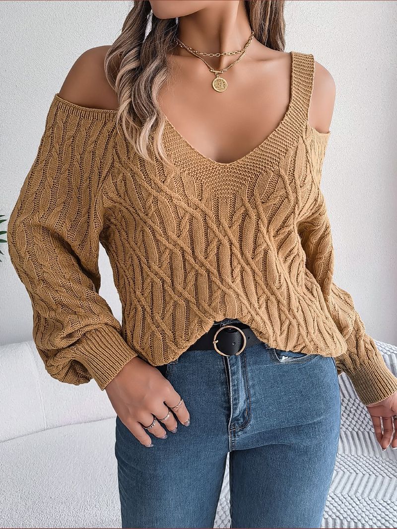 Casual Solid Twist Off-Shoulder Lantern Sleeve Sweater, Women's Clothing_voghion.com