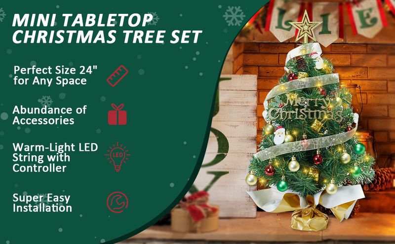 Table Top Christmas Tree With 50 LED Lights 24 Inch /2FT Little Prelit Christmas Tree Decorated Gift Boxes And Hanging Ornaments For DIY Christmas_voghion.com
