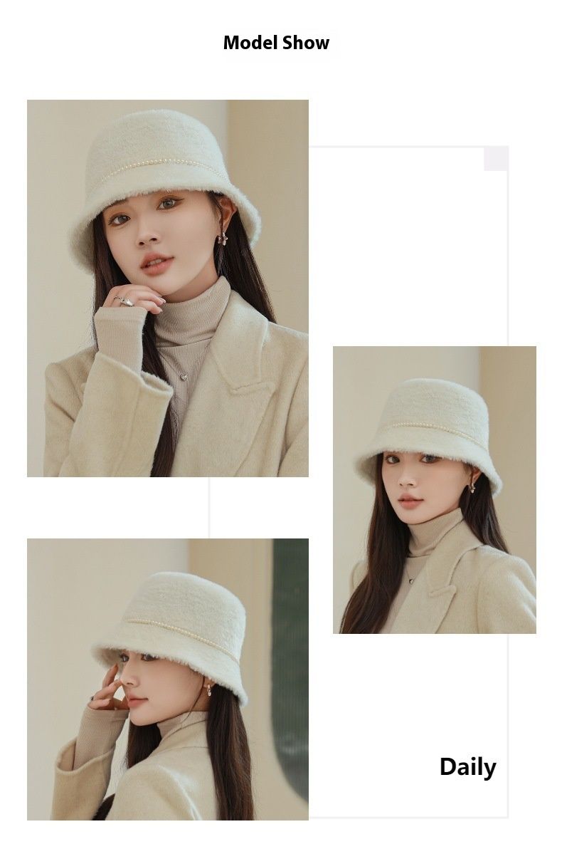 New Autumn And Winter Style Small Fragrant Pearl Mink Fur Flat Top Fisherman Hat With Feminine Temperament Warm Basin Hat Bucket Hat_voghion.com