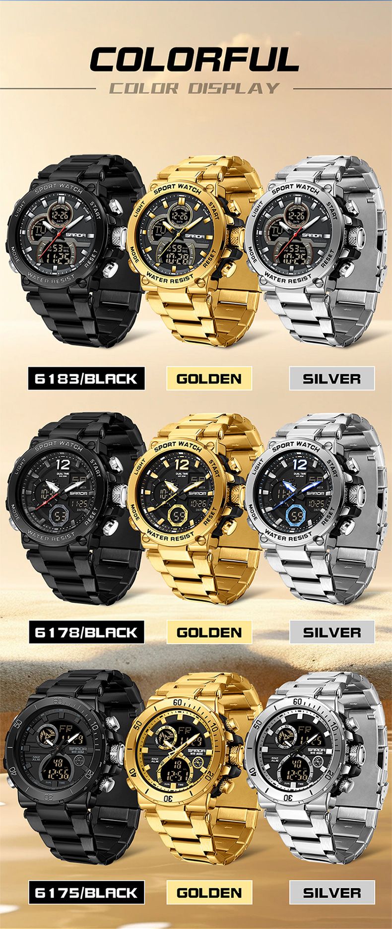 Montre homme en acier inoxydable à double affichage, multifonctionnelle : étanche, rétroéclairage LED, chronomètre, alarme, heure universelle, bracelet en acier inoxydable._voghion.com