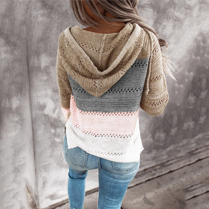 Roupas femininas New Wish Outono e Inverno Listrado Com Capuz Suéter Estampa Leopardo_voghion.com