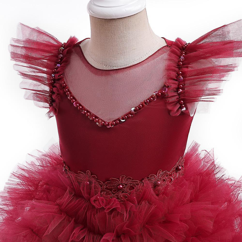 Nuovo vestito da principessa per ragazze di piccole e medie dimensioni per bambini con piccole maniche volanti in rete con gonna tutu a coda di rondine, abito da festa di compleanno_voghion.com