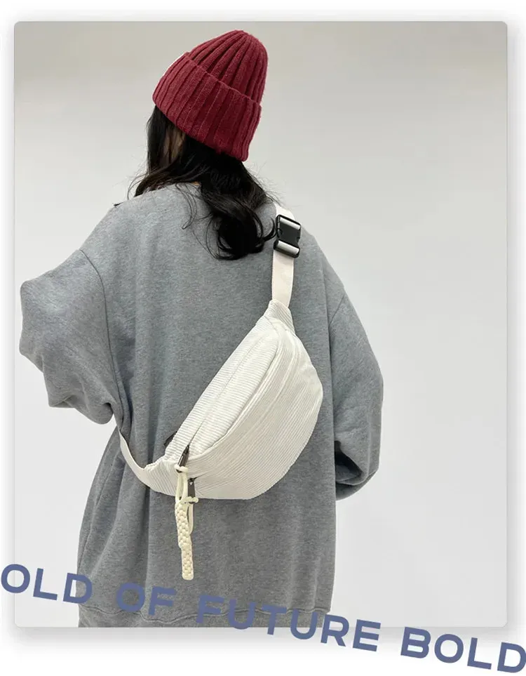 Marsupio da donna, grande capacità, in velluto a coste, stile street, borsa a tracolla, alla moda, cintura casual 250806_voghion.com