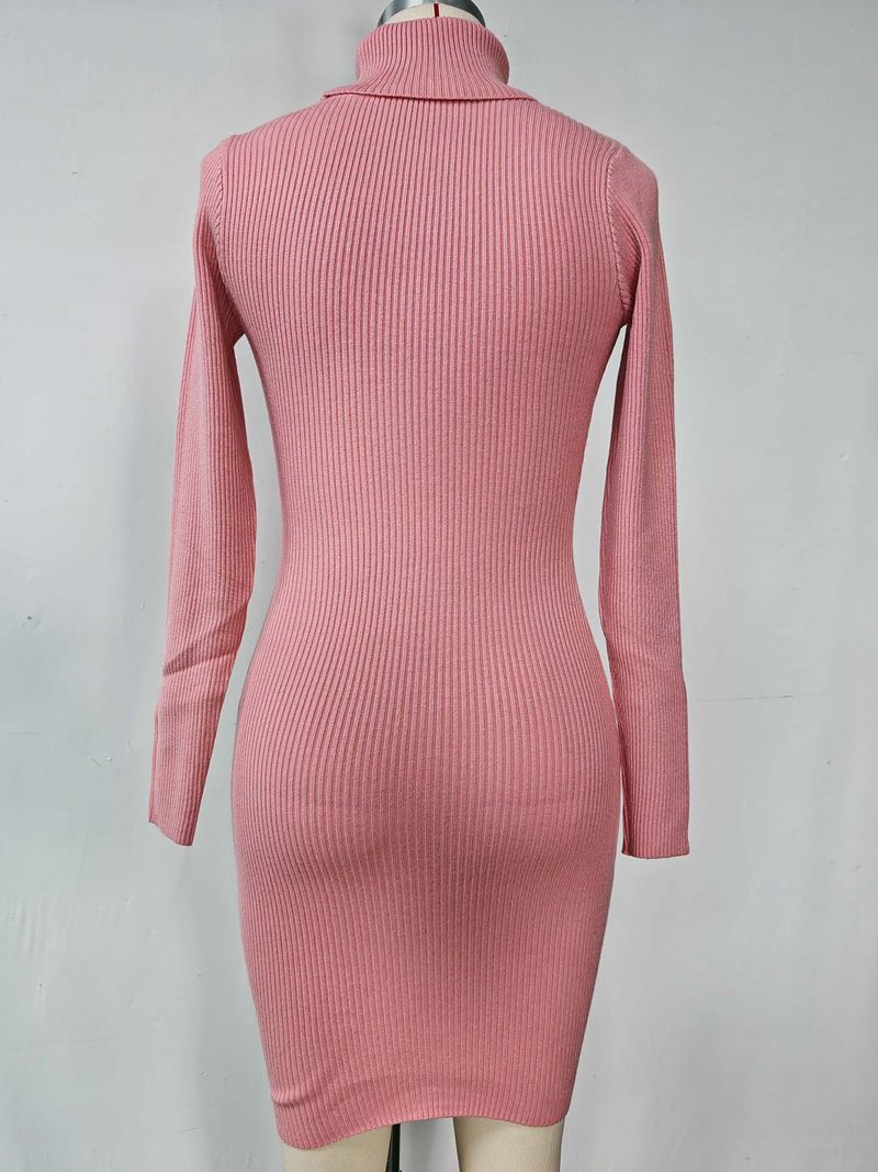 Abito midi in maglia a coste da donna – Abito attillato aderente con collo alto e maniche lunghe (nero/rosa/crema/arancione/rosso)_voghion.com