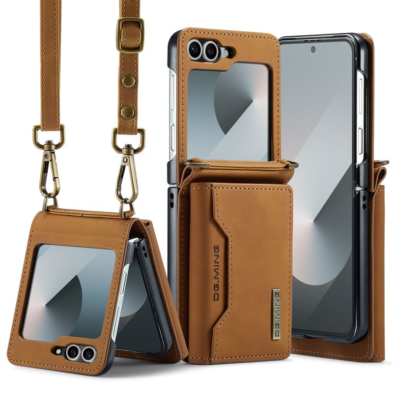 Custodia pieghevole M2 per Samsung Z Flip6 Custodia per telefono con portafoglio per carte Custodia protettiva in pelle con tracolla Z Flip6_voghion.com