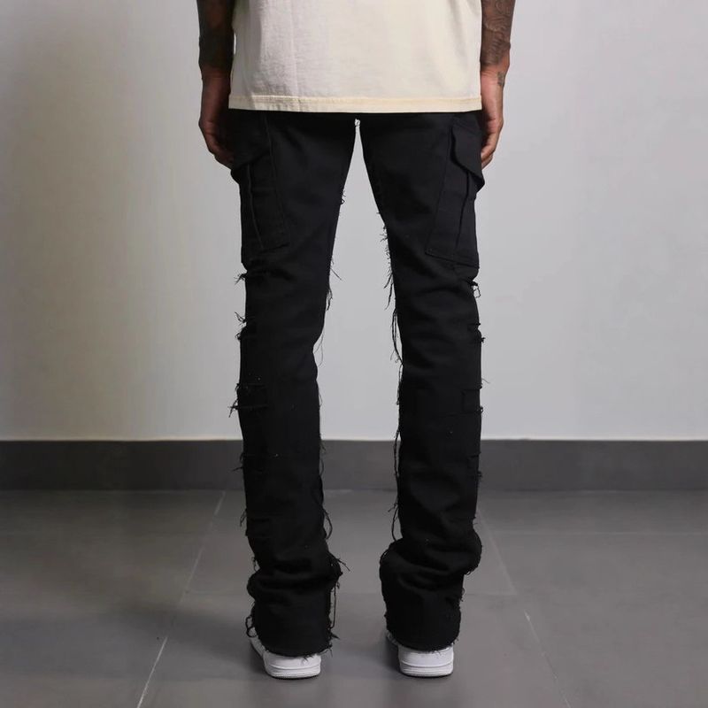 Men's Stretch Denim Straight Leg Jeans - Streetwear Washed Cotton Pants With Patchwork Details, Comfortable & Trendy For Casual Wear_voghion.com