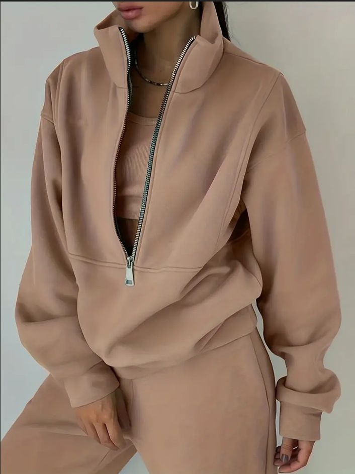 Treten Sie ein in Mode, Freizeit, Sport, Zuhause, lockerer, bequemer Reißverschluss, Fleece, gestrickter Hoodie und Hose, zweiteiliger Damenpullover_voghion.com