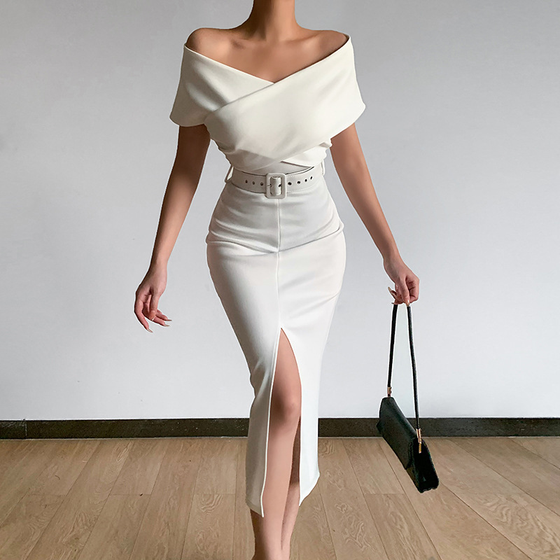 elegant temperament for commuting, simplicity and maturity new style off-shoulder belt slit skirt_voghion.com
