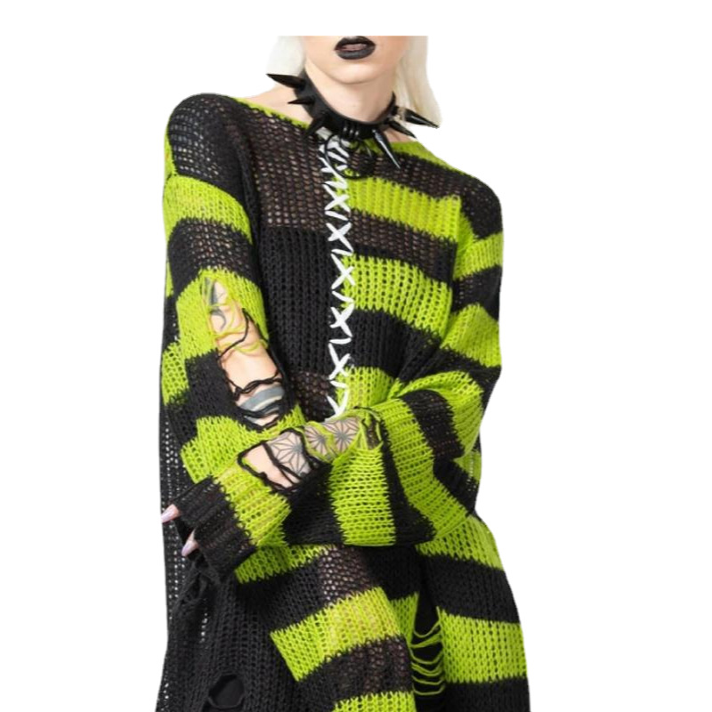 Halloween Punk Hole Long For Women's Fashion Loose Striped Contrasting Pullover Sweater_voghion.com