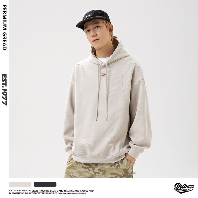 Felpa con cappuccio patchwork tinta unita ricamata ad alta densità stile americano per uomo, vestibilità ampia_voghion.com
