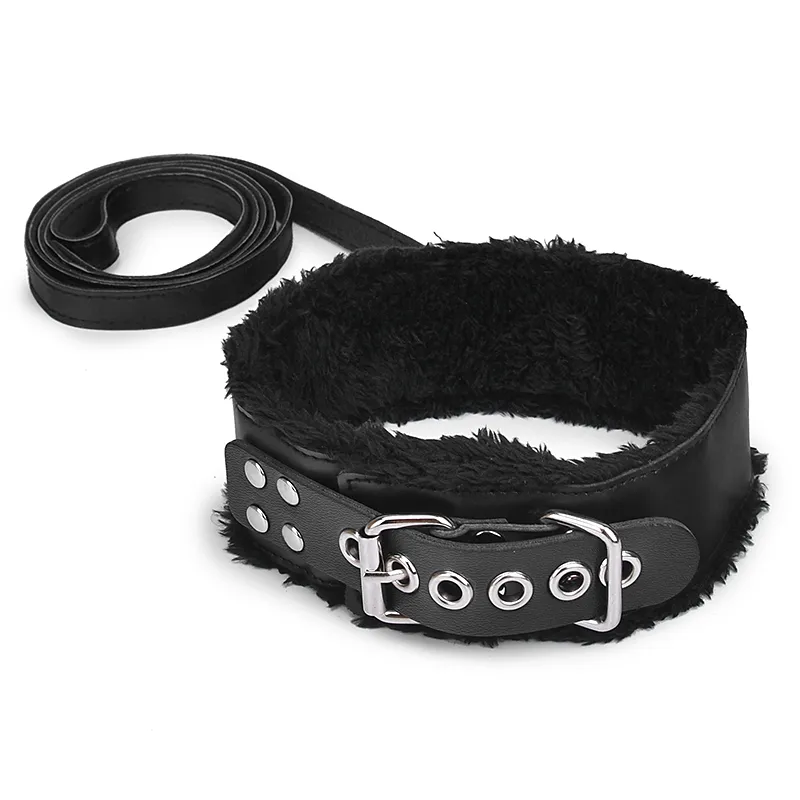 Collar Bdsm de cuero y correa de felpa fetiche Bondage Collar sexual juguetes SM restricciones juguetes sexuales para adultos mujeres M_voghion.com