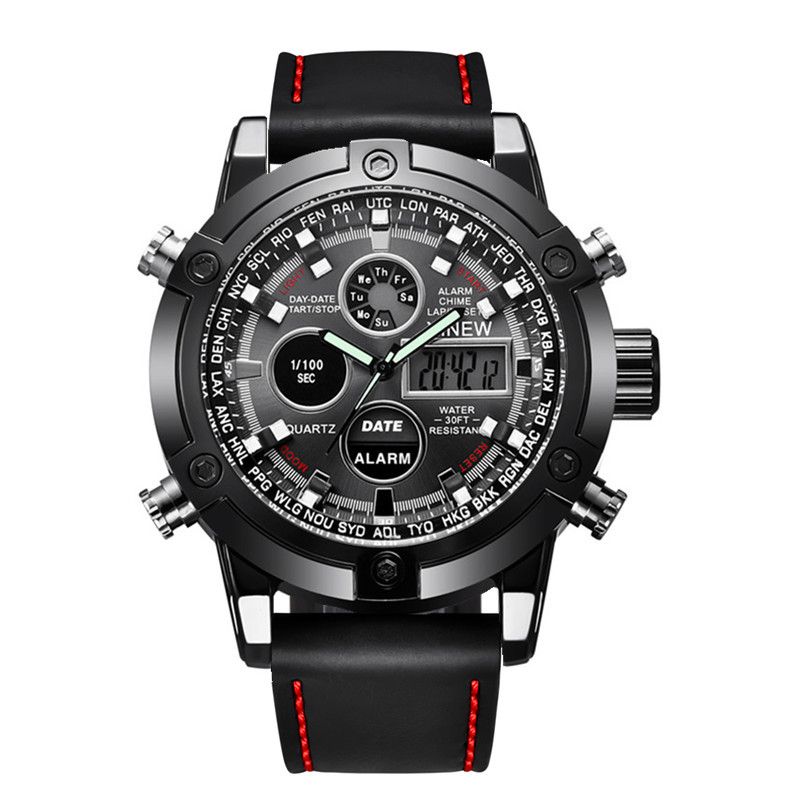 Men's Sport Watch With Analog-Digital Display, GMT Function, Date & Week Indicator, Luminous Hands, PU Leather Strap, Alloy Case_voghion.com