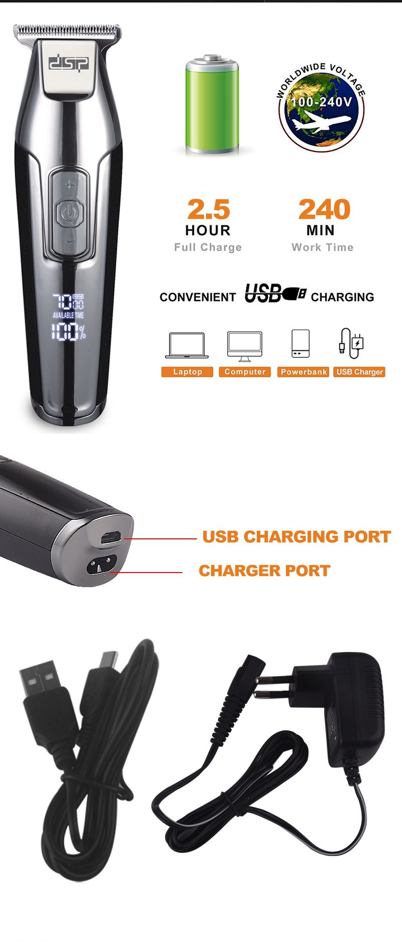 DSP Dansong Home USB-Lade-LED-Ölkopf-Styling Elektrischer Push-Trimm-Haarschneider_voghion.com
