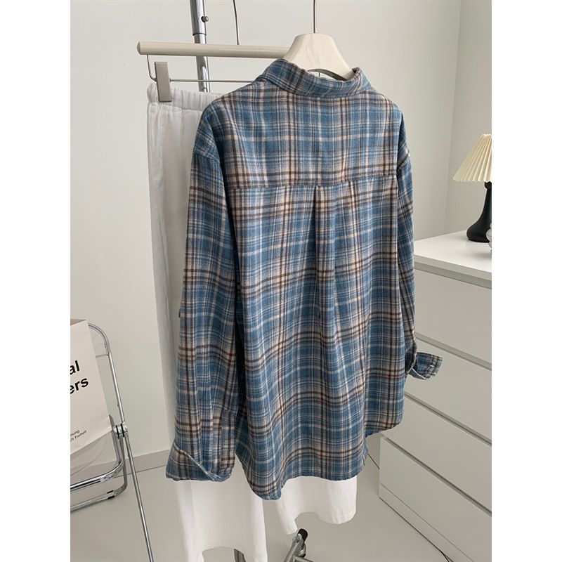Giacca da donna a maniche lunghe in plaid blu spazzolato per ragazza 2025 primavera e autunno, nuova maglia elegante retrò francese con design_voghion.com