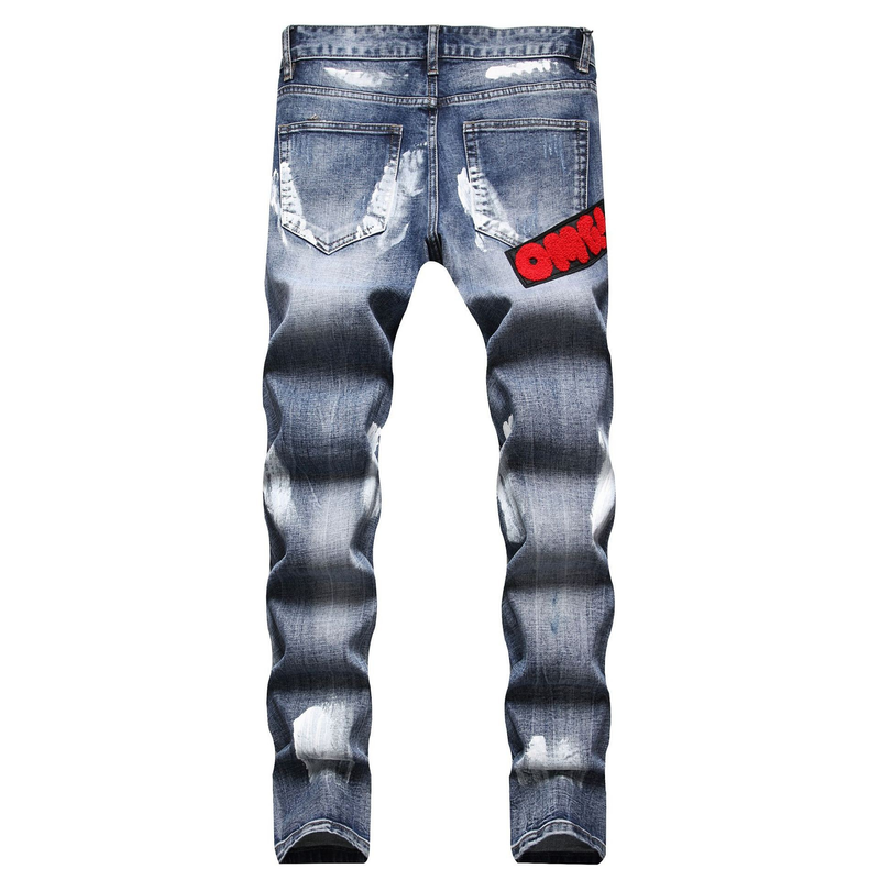Hand-Painted White Lacquer Full Wash Process Personalized Towel Embroidery Badge Small Straight Elastic Jeans For Men_voghion.com
