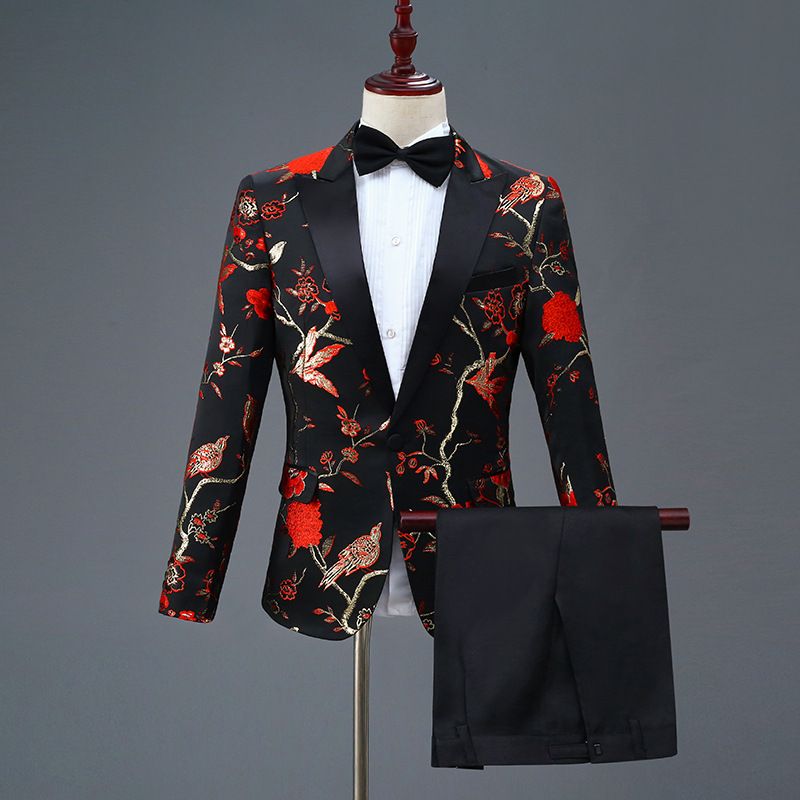 CT New Black Embroidered Men's Single-Breasted Suit Set For Stage Performance Host Costume_voghion.com