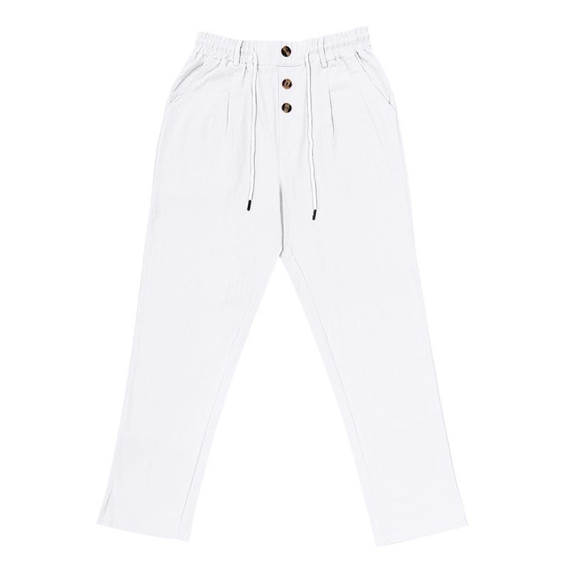 Pantaloni casual da spiaggia a vita alta con spalline dritte in cotone e lino, nuovi alla moda per uomo, primavera e autunno_voghion.com