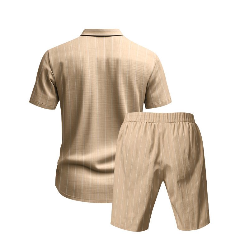 Completo da uomo con camicia a maniche corte a righe in lino e pantaloncini casual - Completo estivo traspirante per spiaggia e viaggi. Set da uomo_voghion.com