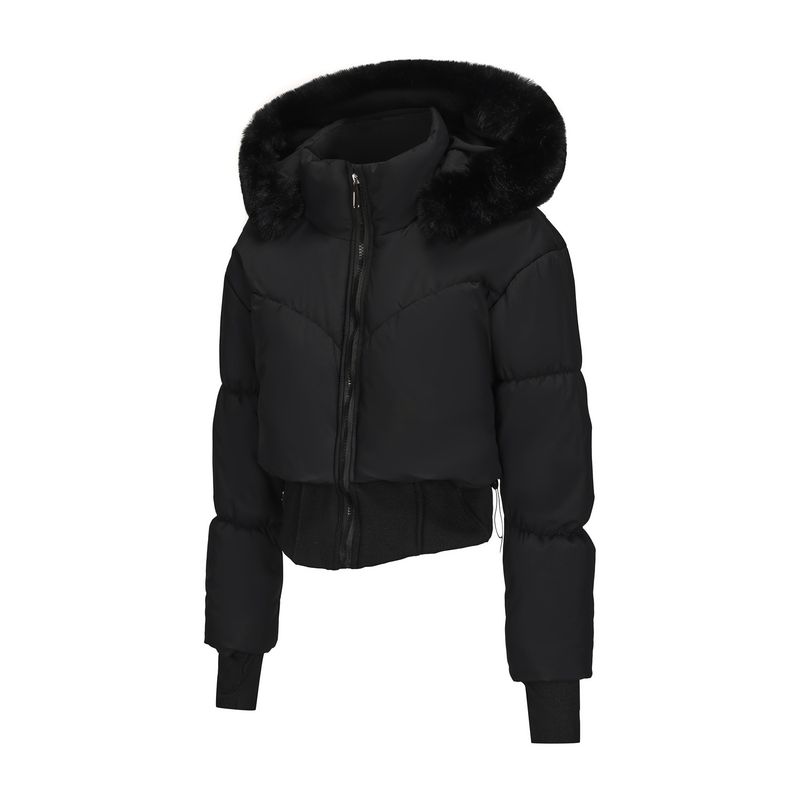 2025 Kurzjacke mit großem Pelzkragen und Kapuze für Damen, Herbst und Winter, neuer, dicker, warmer Baumwollmantel mit Taillenzug_voghion.com