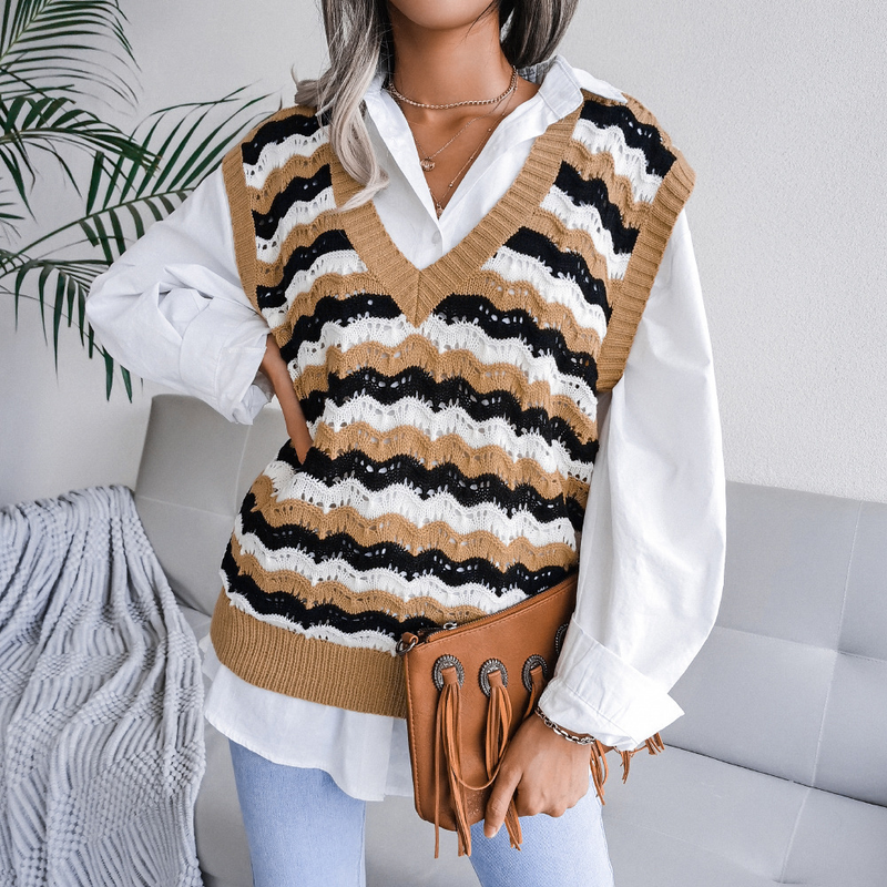 Maglione gilet a righe con scollo a V stile Ins autunno inverno moda donna_voghion.com